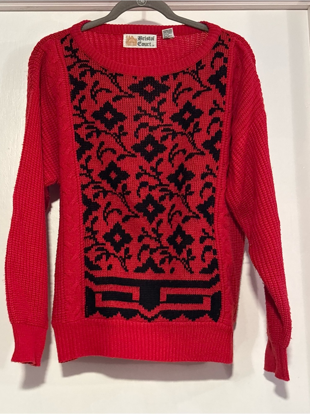 Vintage Red Crewneck Sweater with Black Floral Panel